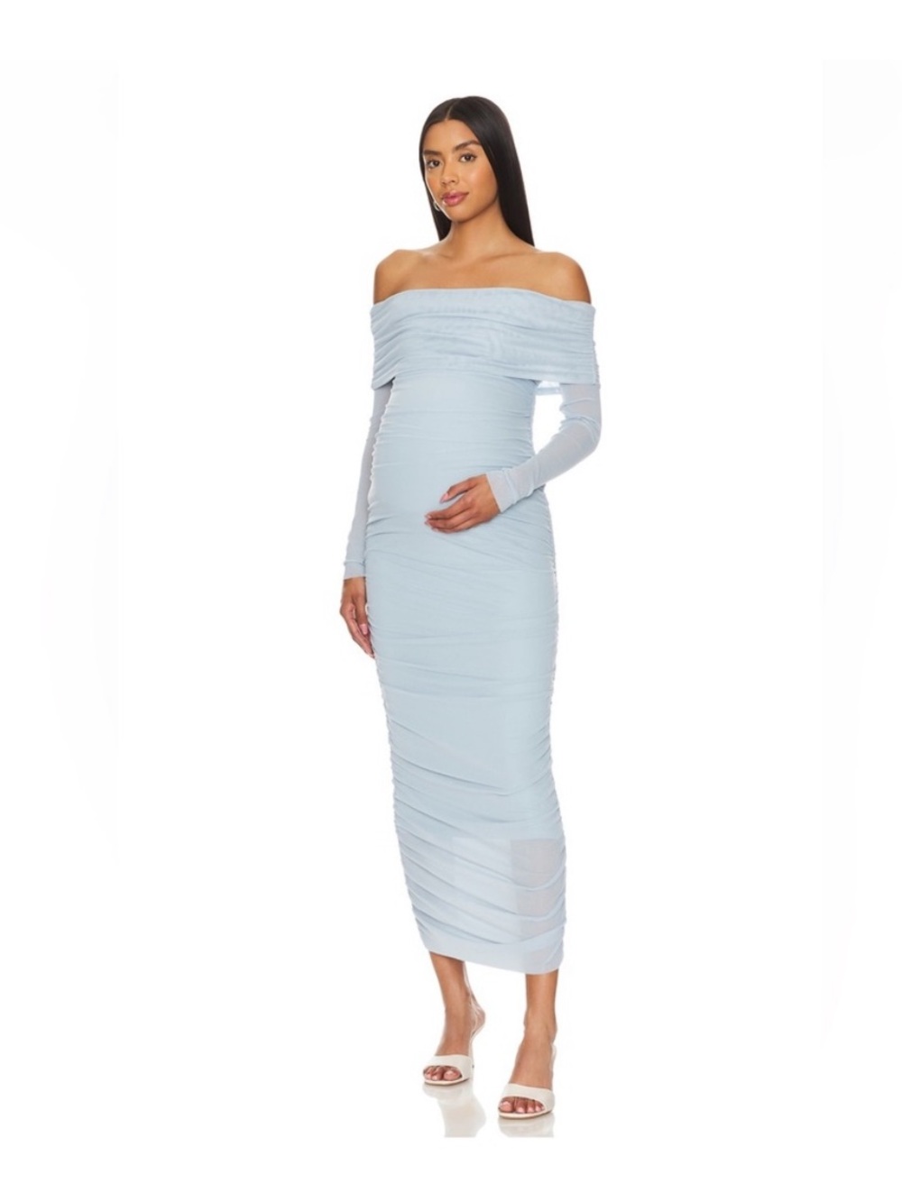 Off-the-Shoulder Long Sleeve Light Blue Ruched Maternity Dress